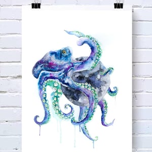 Octopus watercolour art print, space moon illustration, sea creature design, gothic art, under water theme painting, ocean home decor image 1