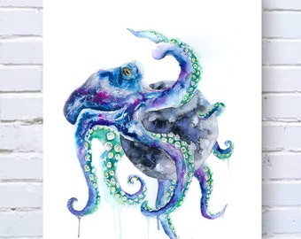 Octopus watercolour art print, space moon illustration, sea creature design, gothic art, under water theme painting, ocean home decor