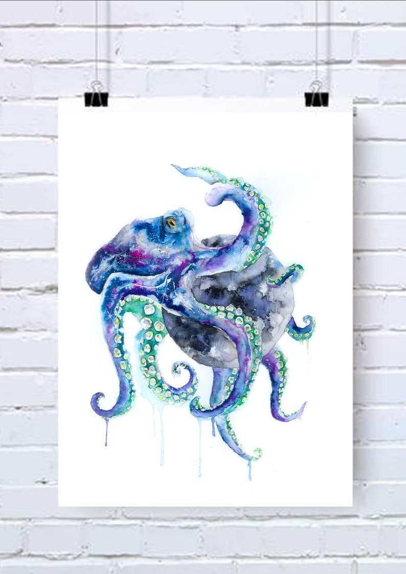 Octopus watercolour art print, space moon illustration, sea creature design, gothic art, under water theme painting, ocean home decor image 1