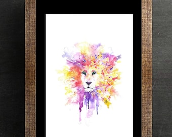 Geometric Lion Watercolor Art Print, Animal Jungle Sketch