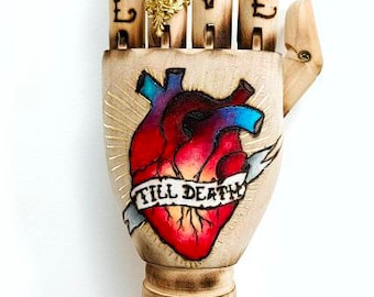 Tattooed Wooden Hand Sculpture, Anatomical Heart, Alternative Wedding Gift