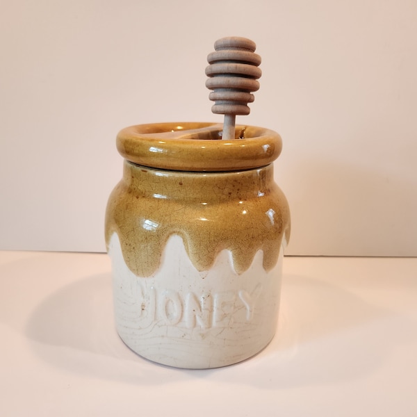 Vintage 1982 Teleflora Ceramic Honey Pot with Wood Dipper ~ Handmade in Portugal