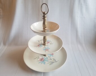 Vintage Fairlane by Steubenville Pottery Tidbit Tray with Pink and Blue Flower Design ~ 3 Tier Serving Dish