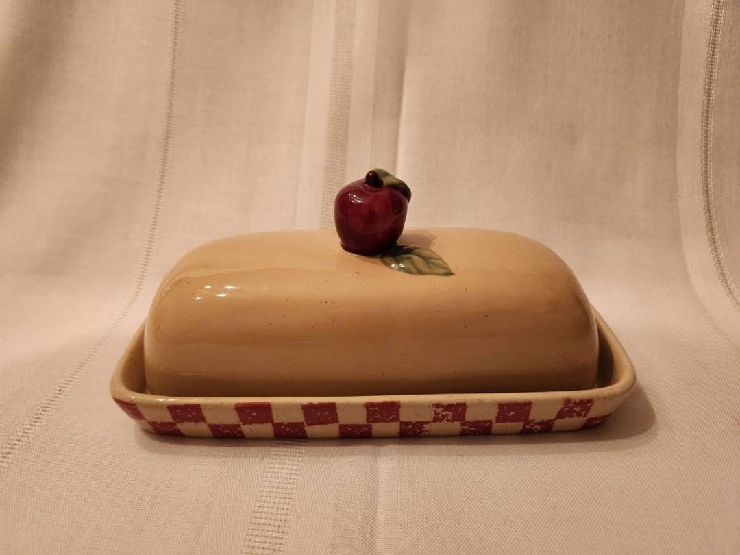 Vintage Cracker Barrel Butter Dish With an Apple Design Covered Butter