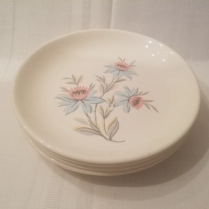 Set of 4 Fairlane by Steubenville Pottery Co. Oven Proof Salad Plates with Pink and Blue Flower Design ~ Mid Century ~ Ovenware