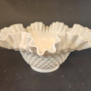 Vintage Fenton Hobnail Milk Glass Ruffled Edge Bowl
