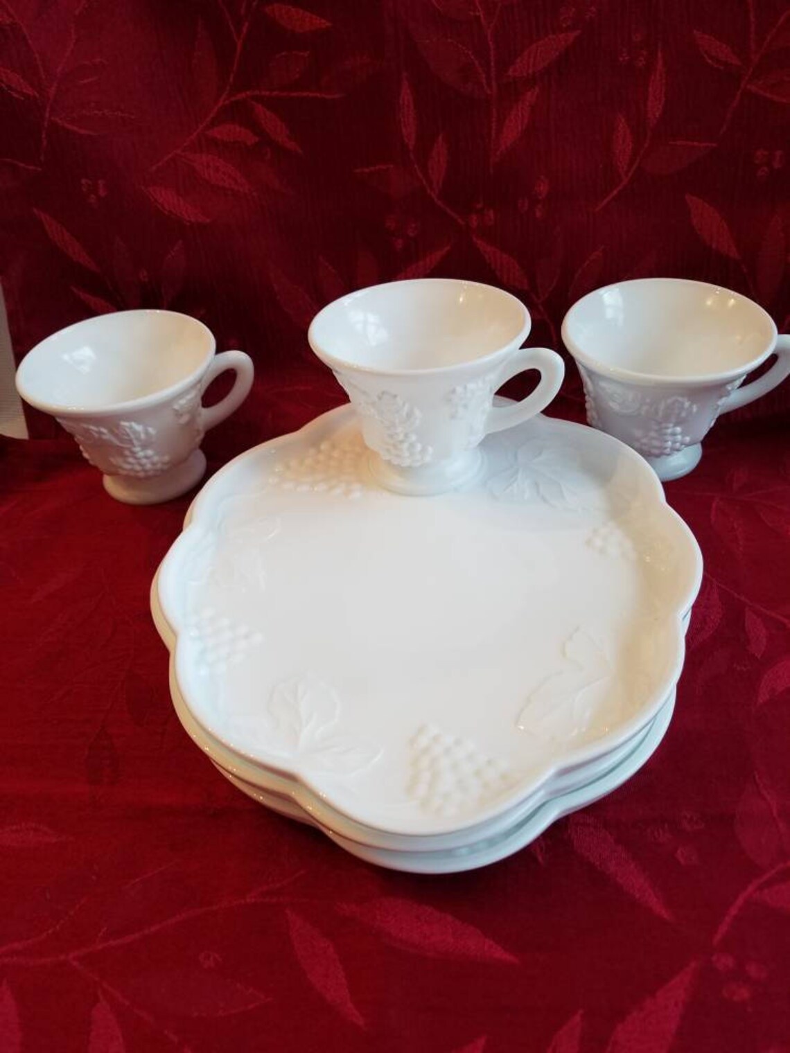 Set of 3 Vintage Indiana Glass Snack Sets Milk Glass Snack Etsy