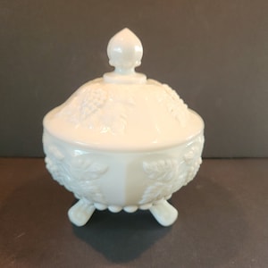 Vintage Westmoreland Milk Glass Covered Candy Dish ~ Grape Design