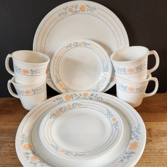 Vintage Corelle Apricot Grove Dinnerware 10 Piece Set Set Includes 4 Dinner Plates 2 Bread Plates and 4 Coffee Cups Corning USA Etsy