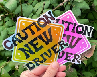 Könnte beinhalten: Zwei holografische Warnschilder. Das größere Schild ist gelb mit dem Text "CAUTION NEW DRIVER" in Schwarz. Das kleinere Schild ist rosa mit dem Text "CAUTION NEW DRIVER" in Schwarz.