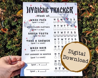 Goth Hygiene Tracker Digital Download, Mental Health, Emo, Hygiene Checklist, Mindfulness, Planner, Worksheet, Routine, ADHD Adult