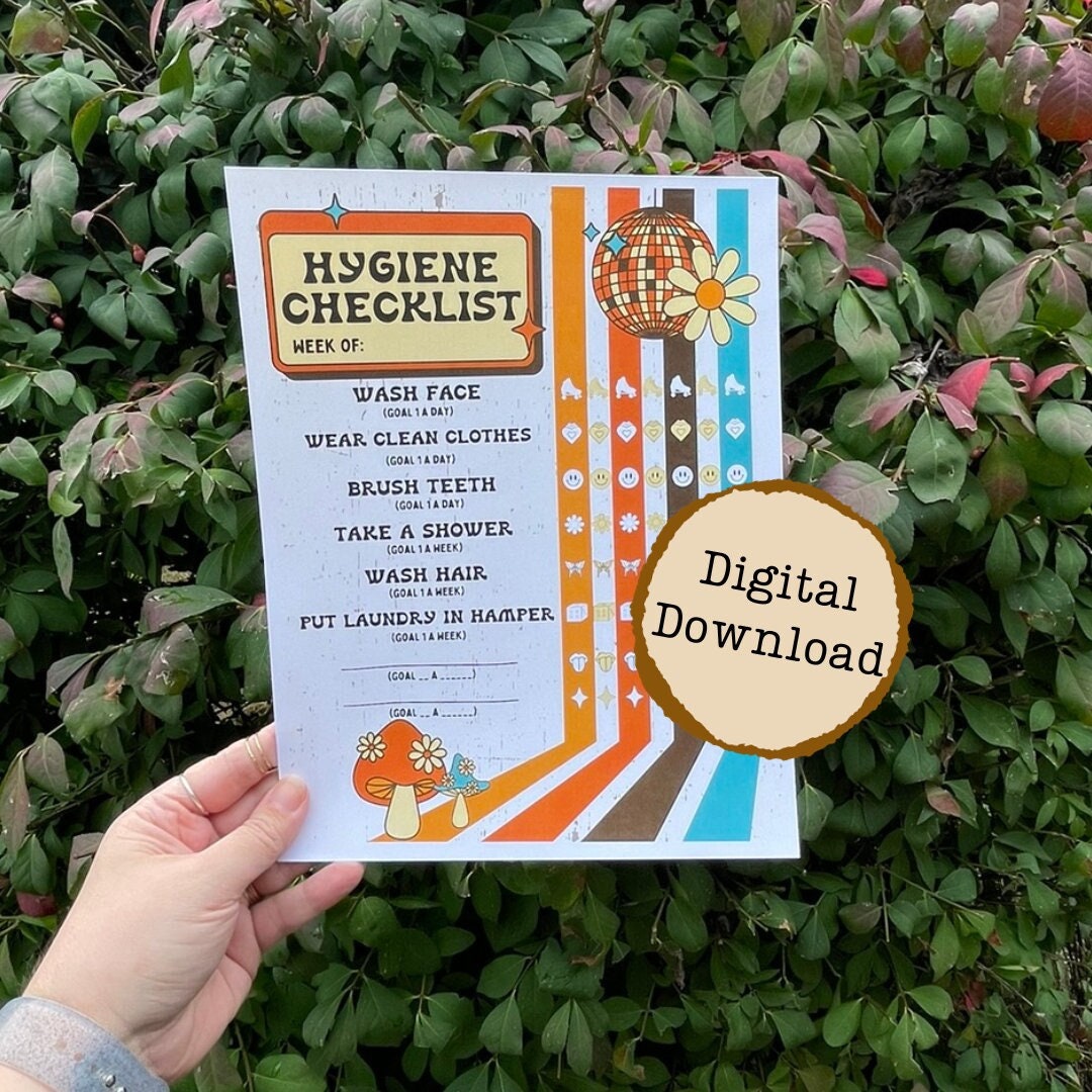 Retro Hygiene Tracker Digital Download, Mental Health, Hygiene Checklist, Mindfulness, Planner, Worksheet, Routine, ADHD Adult