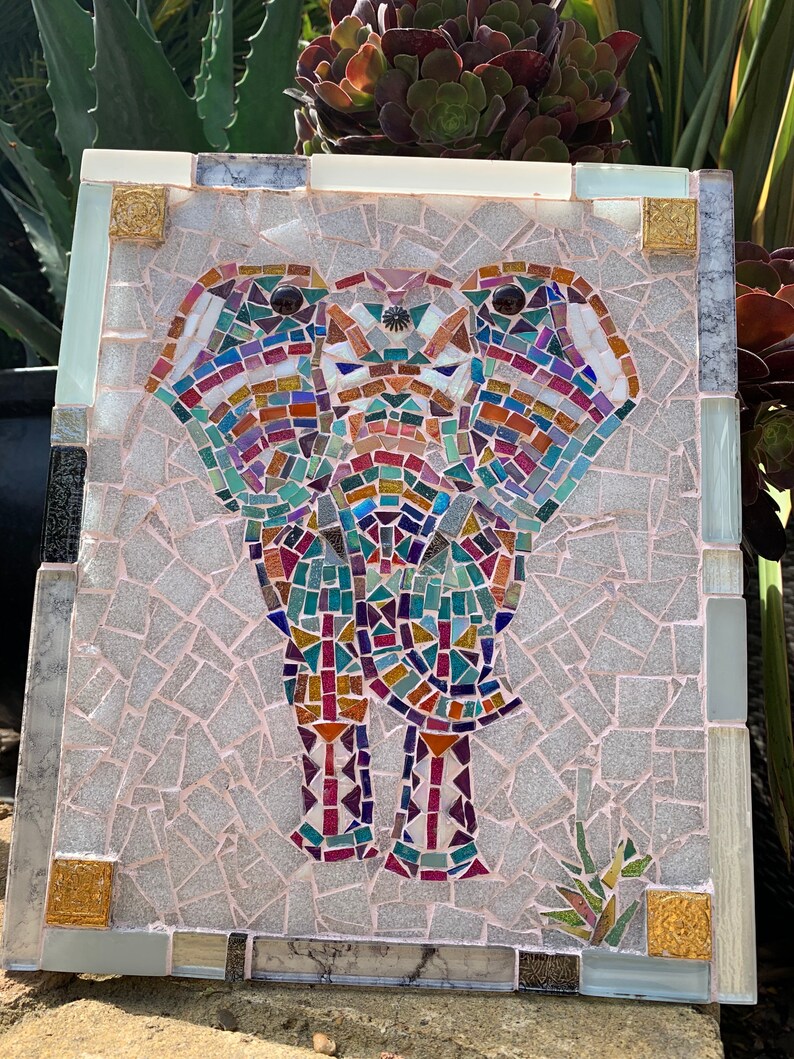 Colourful Elephant charging mosaic Mosaic wall art outdoor Etsy