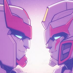 May include: Digital artwork showing two robot characters in profile, facing each other. They have white and red armour with blue eyes. The background is a gradient of purple and pink, with a soft, glowing effect.