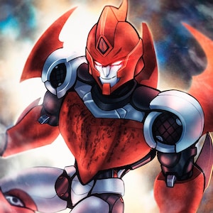 Puede incluir: Ilustración digital de un personaje robot rojo y plateado con una expresión decidida. El robot tiene un diseño detallado, que incluye un casco, hombreras y manos con forma de garra. El fondo tiene un efecto borroso y colorido.