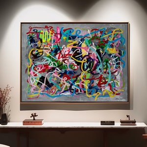 Zeitgenössische abstrakte Kunst Große Leinwand Gemälde Moderne Kunst Wanddekor Bunt Druck Grau Gemälde Wohnzimmer Dekor Abstrakte breite Leinwand