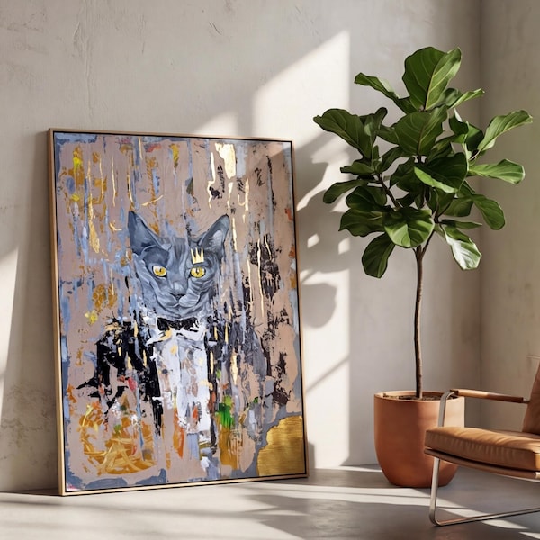 Abstract Cat Painting, Modern Art Print on Canvas, British Cat Wall Decor