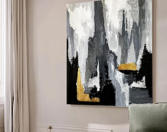 Modern Gold and Gray Abstract Painting – Minimalist Canvas Wall Art, Large Black and White Textured Art Home Decor Contemporary Wall Decor