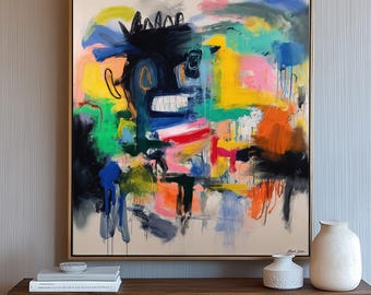 Neo Expressionist Abstract Print · Crowned Face Graffiti Style Wall Art · Colorful Modern Painting For Loft Office Studio Urban Wall Decor