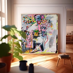 Face Abstract Wall Art - Large Square Contemporary Canvas Art Print - Colorful Modern Funky Painting - Living Room Bedroom Above Bed Decor