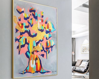 63" Painting 'The Giving Tree' | Handmade Large Abstract Painting on Canvas, Gold Leaf Art by Ron Deri