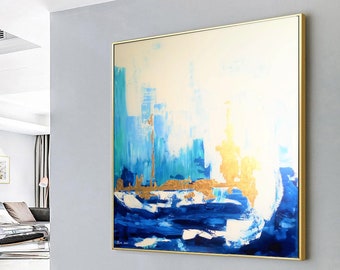 Blue Skyline Abstract Painting Contemporary Art Original Painting Large Wall Art Canvas Wall Art Large Blue Gold Painting Art Abstract