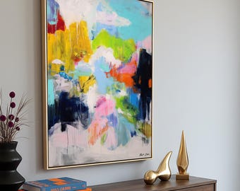 Bold Colorful Expressionist Wall Art Canvas Abstract Print Large Canvas Painting Brush Strokes Of Sky Blue Green And Coral Modern Wall Decor