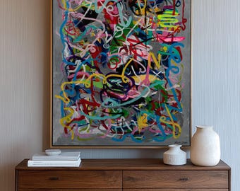 Graffiti Abstract Art Print · Multicolor Canvas Artwork · Living Room and Office Wall Art Decor · Vertical Gray Painting · Large Line Art