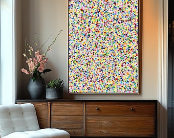 Colorful Dot Abstract Art – Vertical Canvas Painting, Modern Wall Decor, Bold Polka Dot Artwork, Vibrant Contemporary Home Decor, Narrow Art