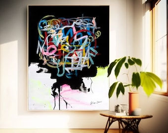 Black Abstract Wall Art Print, Large Canvas Framed Painting, Modern Contemporary Original Artwork, Living Room Decor Paintings, Vertical Art
