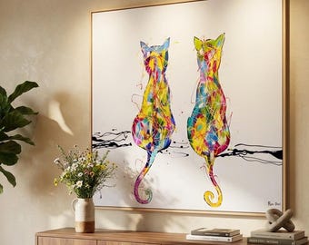 Original Colorful Abstract Cat Painting, Two Cat's Modern Expressionist Painting, Cat Art