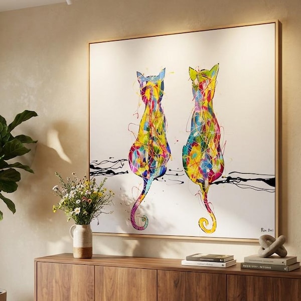 オリジナルのカラフルな抽象的な猫の絵画、2匹の猫の現代表現主義の絵画、猫のアート