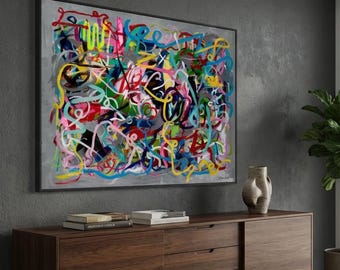 Gray Modern Abstract Canvas Print: Ron Deri Colorful Painting