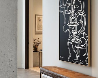 Black and White Abstract Painting, Narrow Wall Art, Faces One Line Artwork, Living Room Bed Room Decor, Luxury Artwork, Fine Print on Canvas