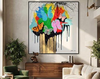 Butterflies Abstract Canvas Wall Art Print Modern Painting Contemporary Art Large Abstract Art Colorful Large Bedroom Living Room Wall Decor