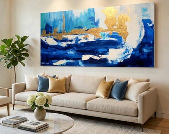 Original Blue and Gold Abstract Painting | Handmade Artwork Canvas Art | Large Panoramic Statement Piece