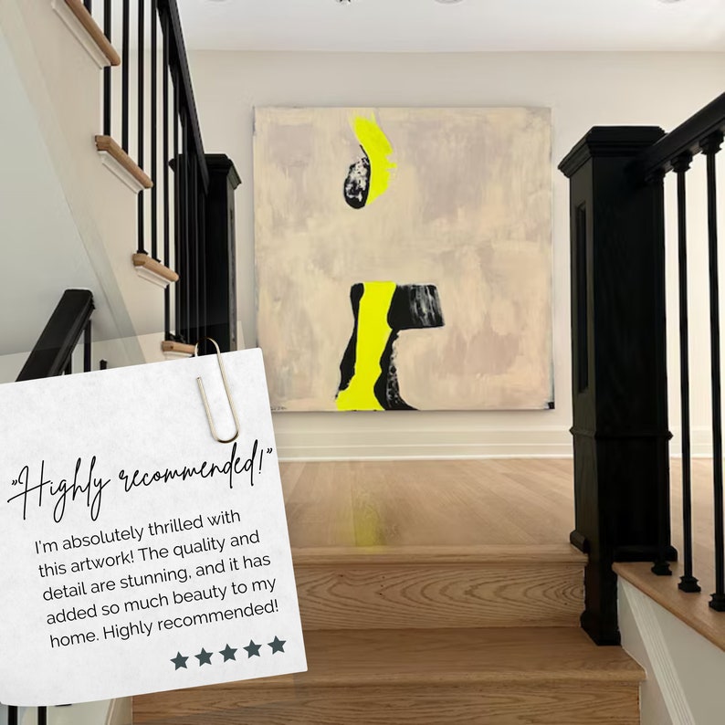 May include: A close-up of a customer review on a white card with a black clip. The review reads "Highly recommended! I'm absolutely thrilled with this artwork! The quality and detail are stunning, and it has added so much beauty to my home. Highly recommended!" with five stars below the text.