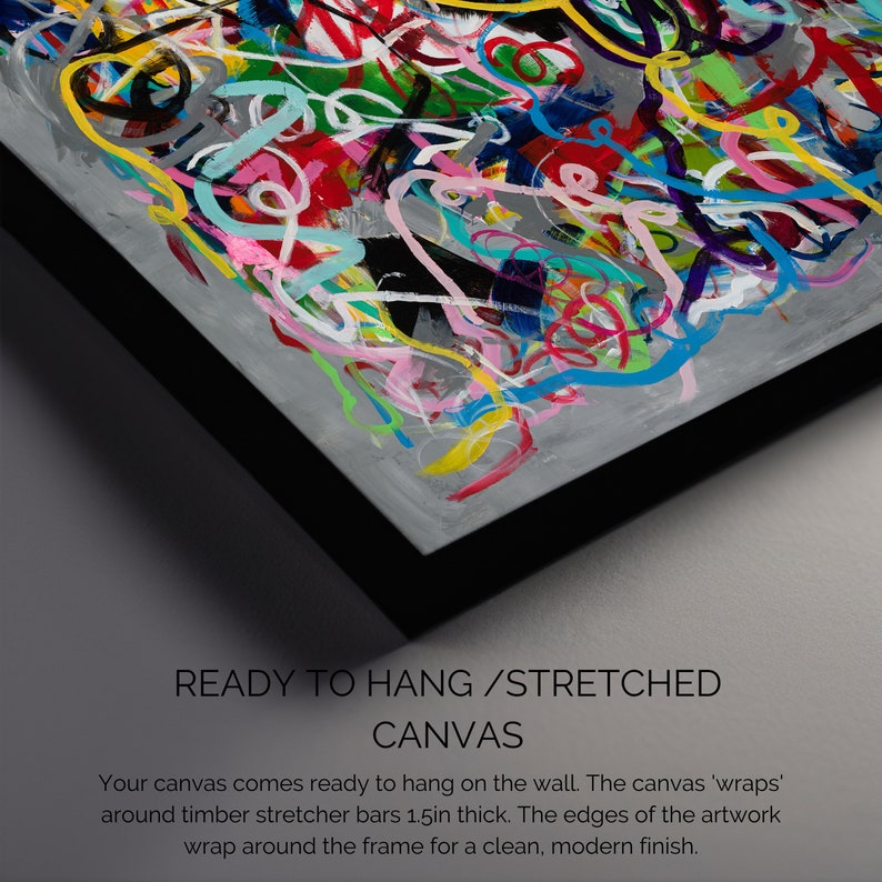 May include: A colourful abstract painting on a stretched canvas with a 3.8 cm thick frame. The edges of the artwork wrap around the frame for a clean, modern finish. READY TO HANG / STRETCHED CANVAS.
