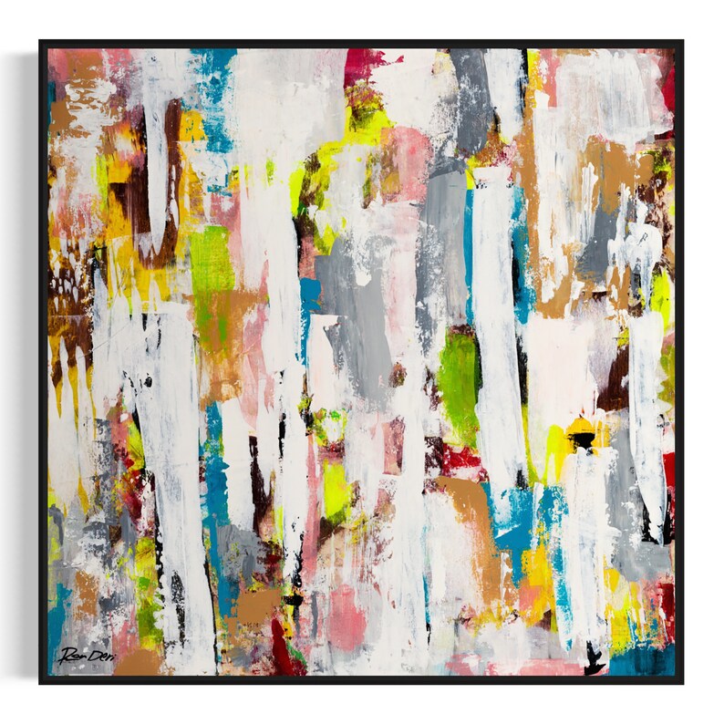 May include: Abstract painting with bold strokes of white, gray, blue, yellow, green, pink, and brown paint. The painting has a textured surface and a modern style.