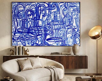 Blue Abstract Faces Art Canvas Print – Modern Living Room Wall Decor