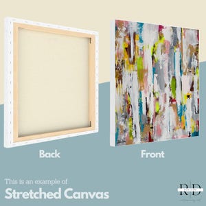May include: A stretched canvas with a white frame. The front of the canvas features an abstract painting with colorful brushstrokes in shades of pink, yellow, blue, green, and gray. The back of the canvas shows the wooden frame.