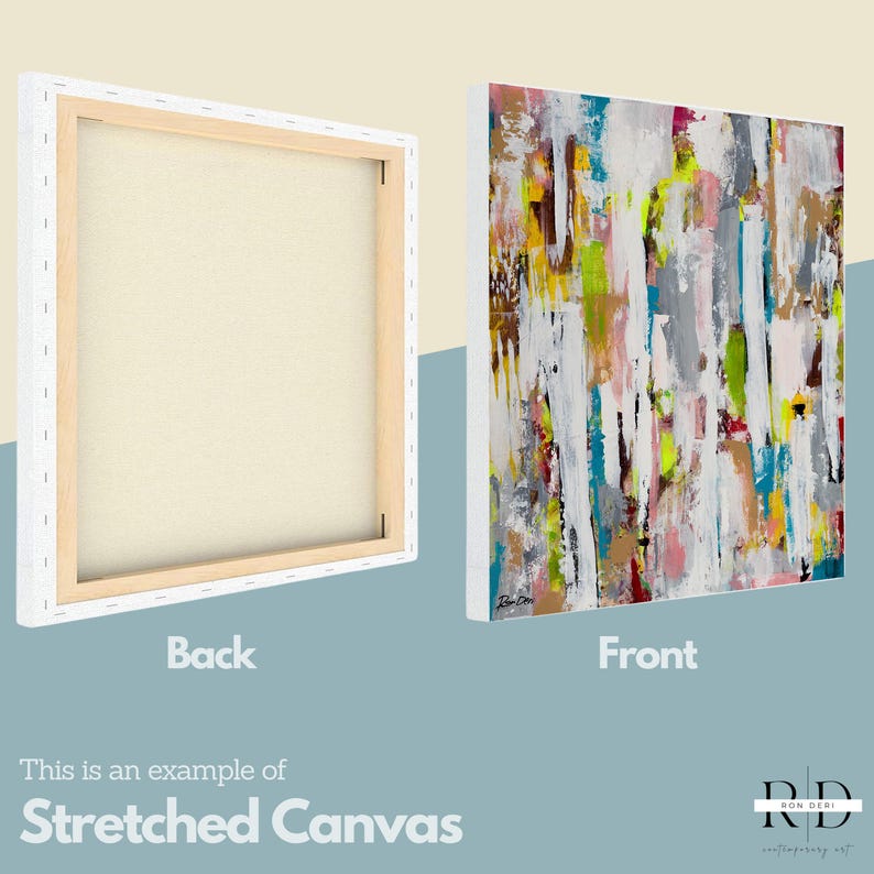 May include: A stretched canvas with a white frame. The front of the canvas features an abstract painting with colorful brushstrokes in shades of pink, yellow, blue, green, and gray. The back of the canvas shows the wooden frame.