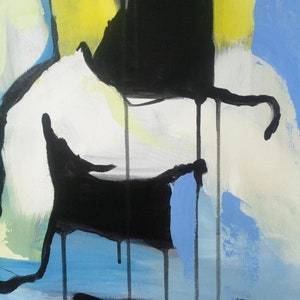 May include: Abstract painting with black, white, yellow, and blue paint. The paint is applied in a dripping style, creating a dynamic and expressive composition. The artist's signature, "Ron Dori", is visible in the lower right corner.