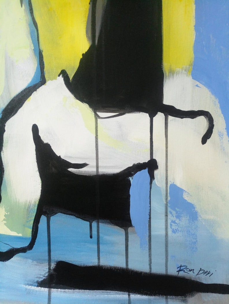 May include: Abstract painting with black, white, yellow, and blue paint. The paint is applied in a dripping style, creating a dynamic and expressive composition. The artist's signature, "Ron Dori", is visible in the lower right corner.
