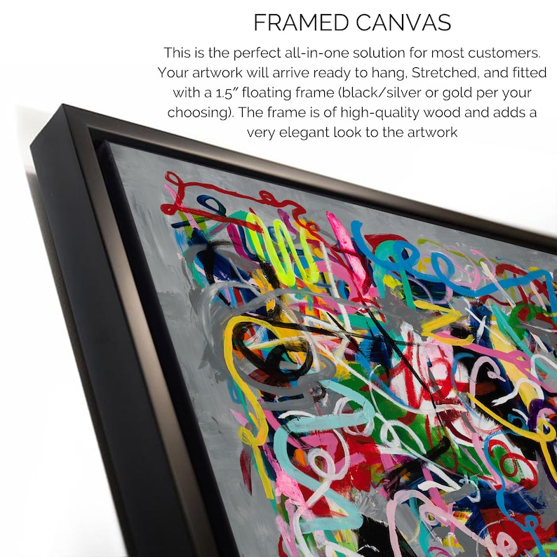 May include: A framed canvas with a colourful abstract painting. The frame is black and has a 1.5 inch floating frame.