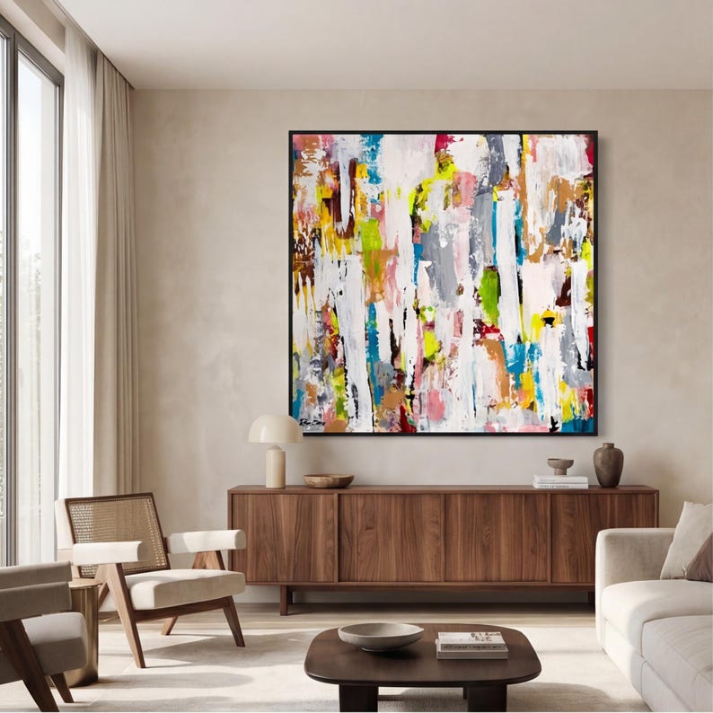 Beige & Blue Abstract Art Print on Canvas, Modern Wall Decor image 1
