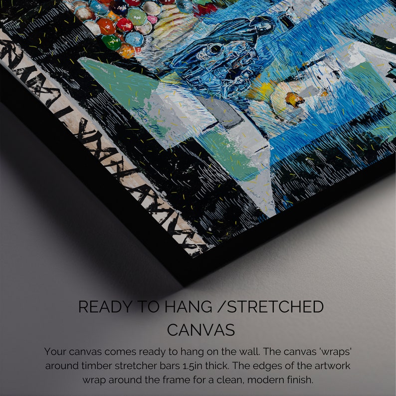 May include: Abstract art painting on a stretched canvas with a black frame. The canvas is ready to hang on the wall. The edges of the artwork wrap around the frame for a clean, modern finish.
