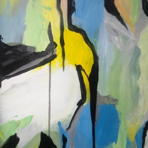 May include: Abstract painting with bold black lines and shapes on a white background. The painting features splashes of yellow, blue, and green paint.