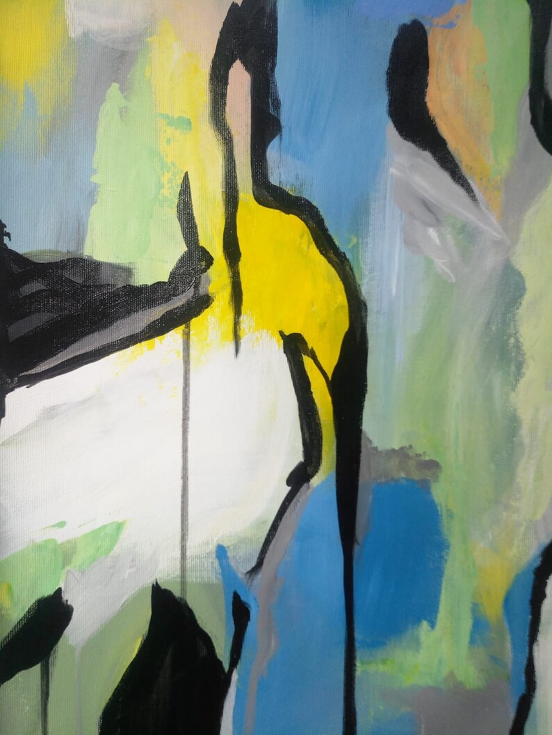 May include: Abstract painting with bold black lines and shapes on a white background. The painting features splashes of yellow, blue, and green paint.