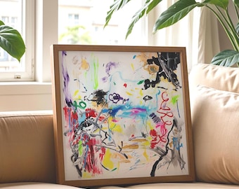 Puede incluir: Pintura abstracta en un marco de madera con fondo blanco y pinceladas de colores en rojo, azul, verde, amarillo y negro. La pintura está firmada en la esquina inferior derecha.
